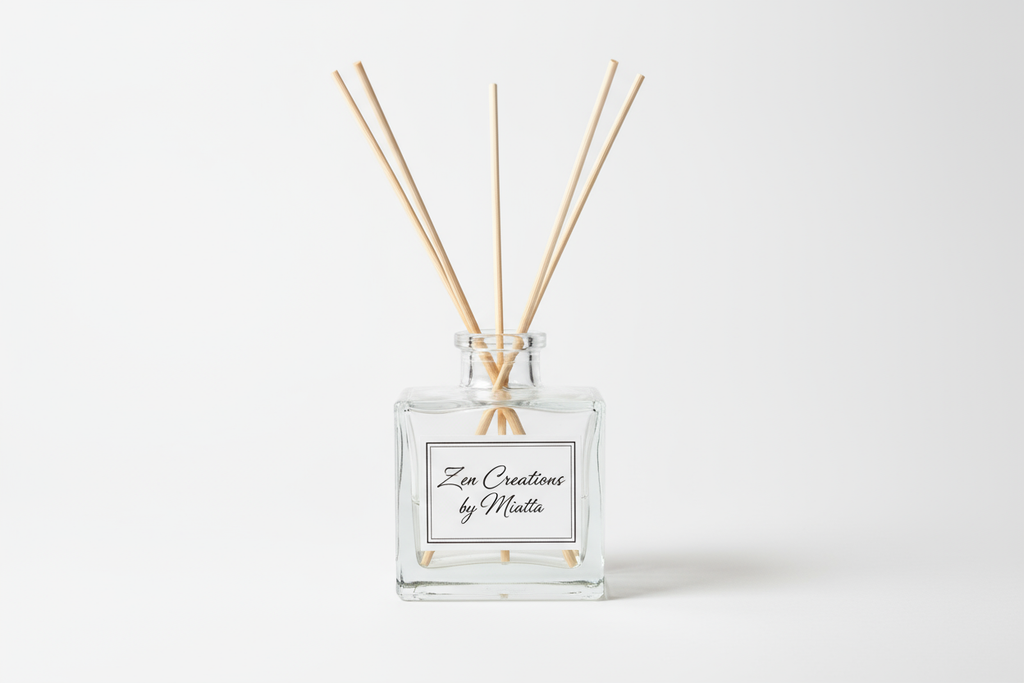 colourless squre reed difuser with white label say zen creations by miatta