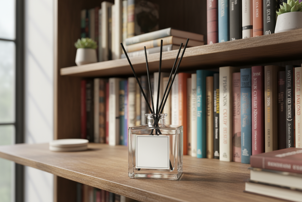 square colourless 50ml diffuser with white label on a book shelf